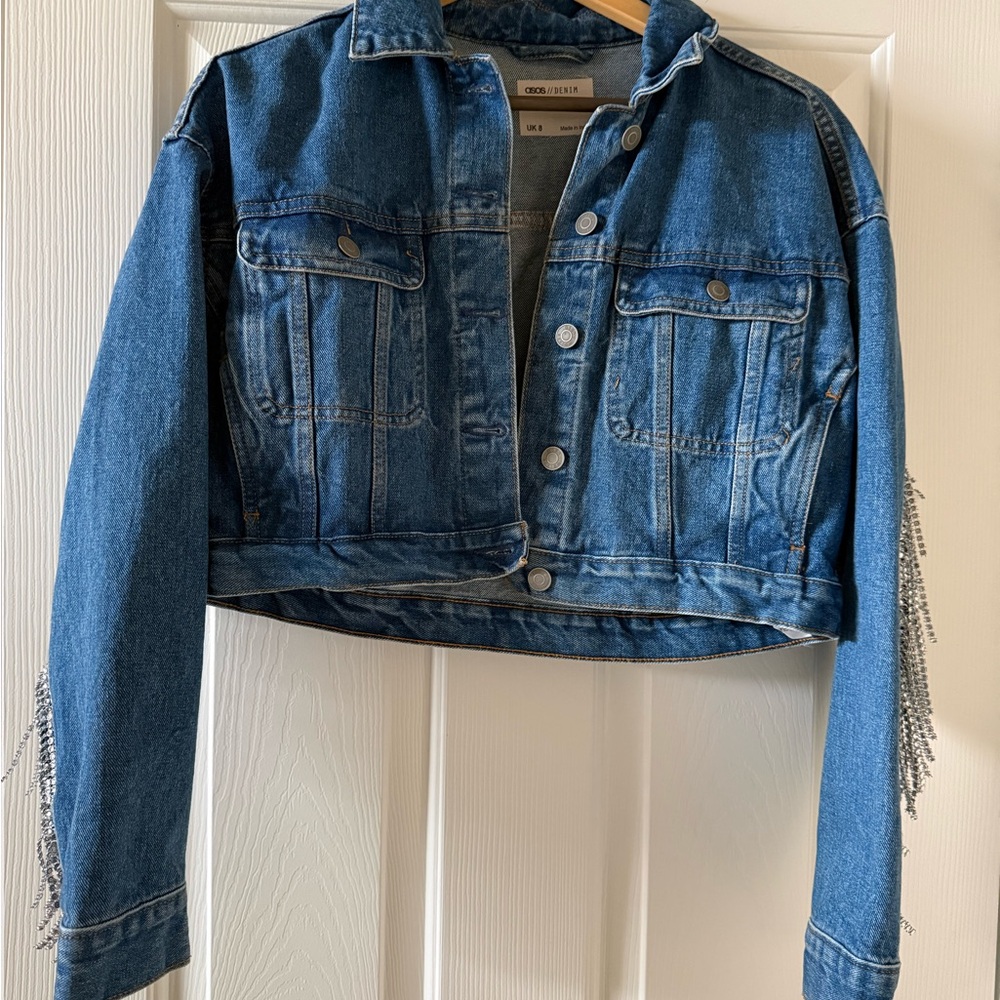 Cropped Blue Denim Jacket with Silver Fringe